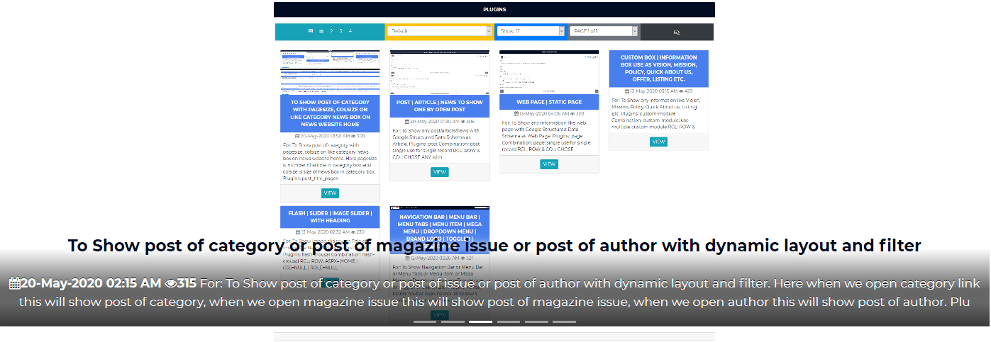 To Show post crousal with title, date, hits, short description of any category or selected one category by ID